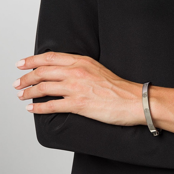 TORY BURCH • Silver 7mm Logo Miller Studded Hinge Bangle Bracelet - Picture 2 of 4